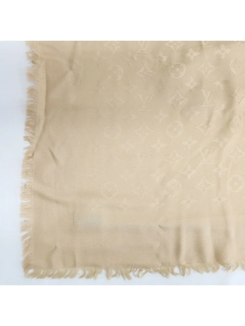 Louis Vuitton Heaven Shawl Large Monogram Fringe Silk Wool Beige Scarf